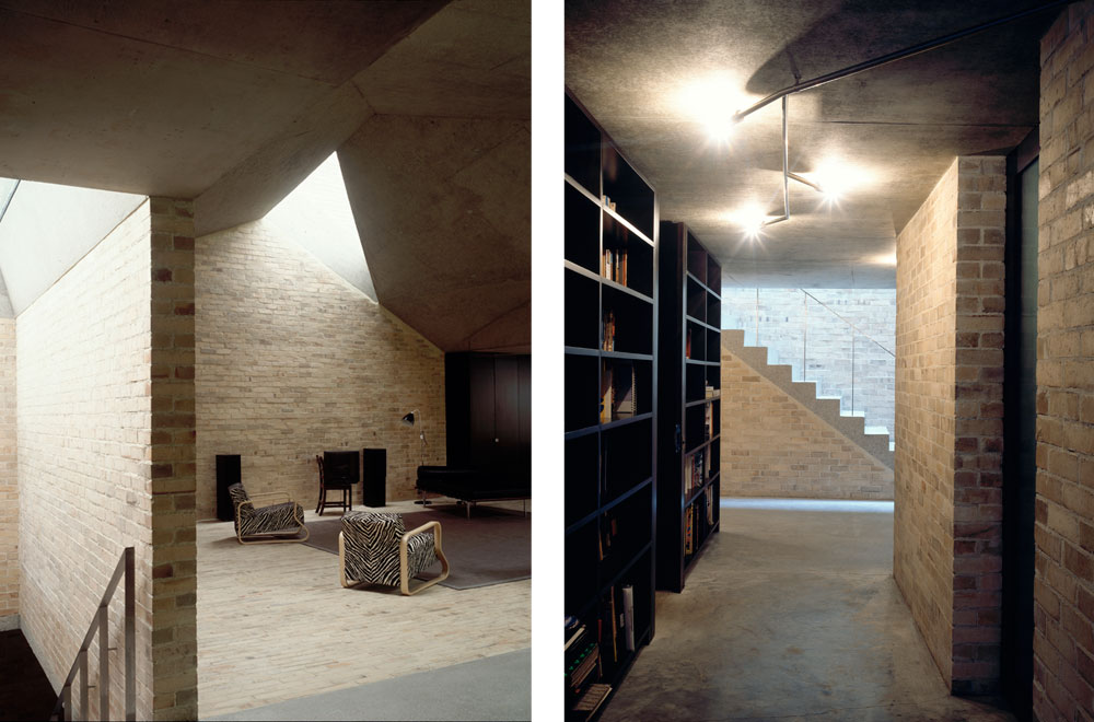 A complex folded concrete ceiling maximises the volume while complying with the neighbours' rights to light, but also gives definition to the different functions carried out in the ground-floor living area and kitchen. Bedrooms are on the lower-ground level and a generous corridor doubles as a library. Each of the bedrooms have a fully glazed wall which opens onto a small private courtyard of its own, effectively doubling the space and exploiting every corner of the triangular site. We provided all mechanical and electrical services for the award-winning project.